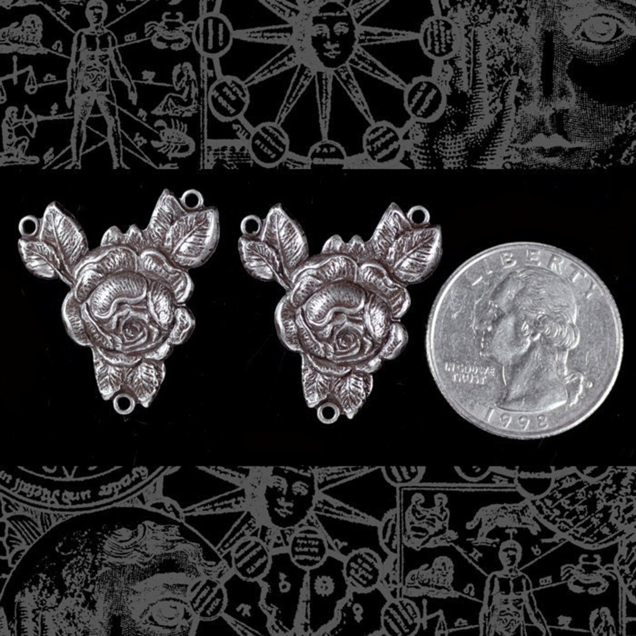 Antiqued Silver Plated Brass Full Flowering Rose Three Ring Connectors - Set of Two - S-3C03